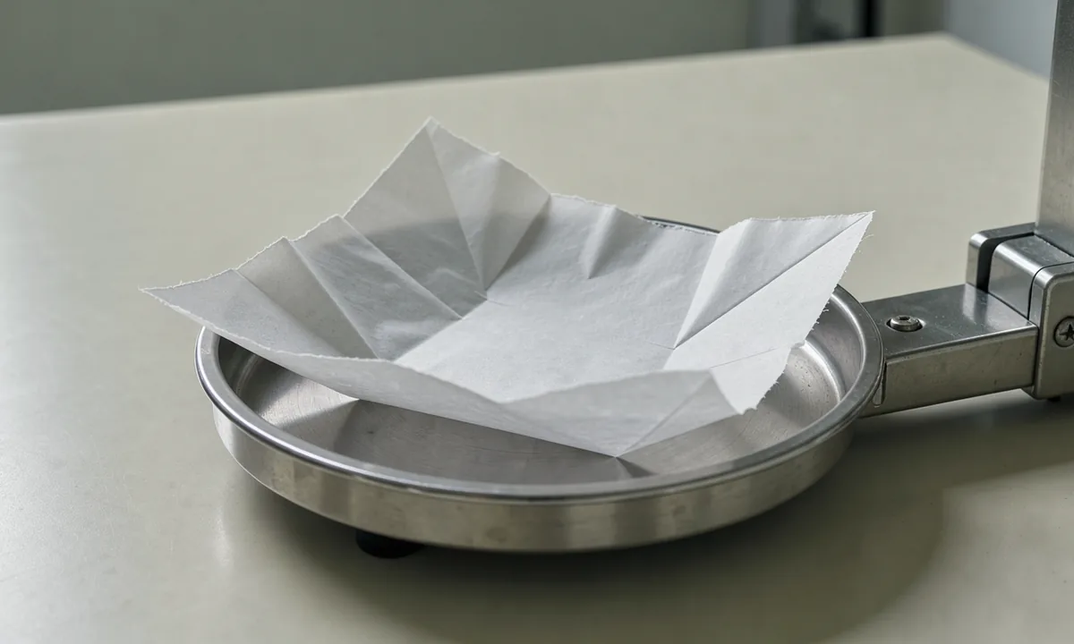 A laboratory balance with an empty folded weighing paper on its metal pan