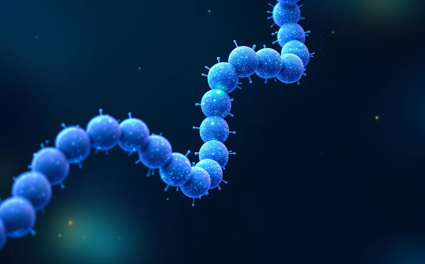 A clean Material spot-illustration of an abstract fifteen-bead peptide chain in Google-blue with one green active-residue bead, on a deep cool slate ground