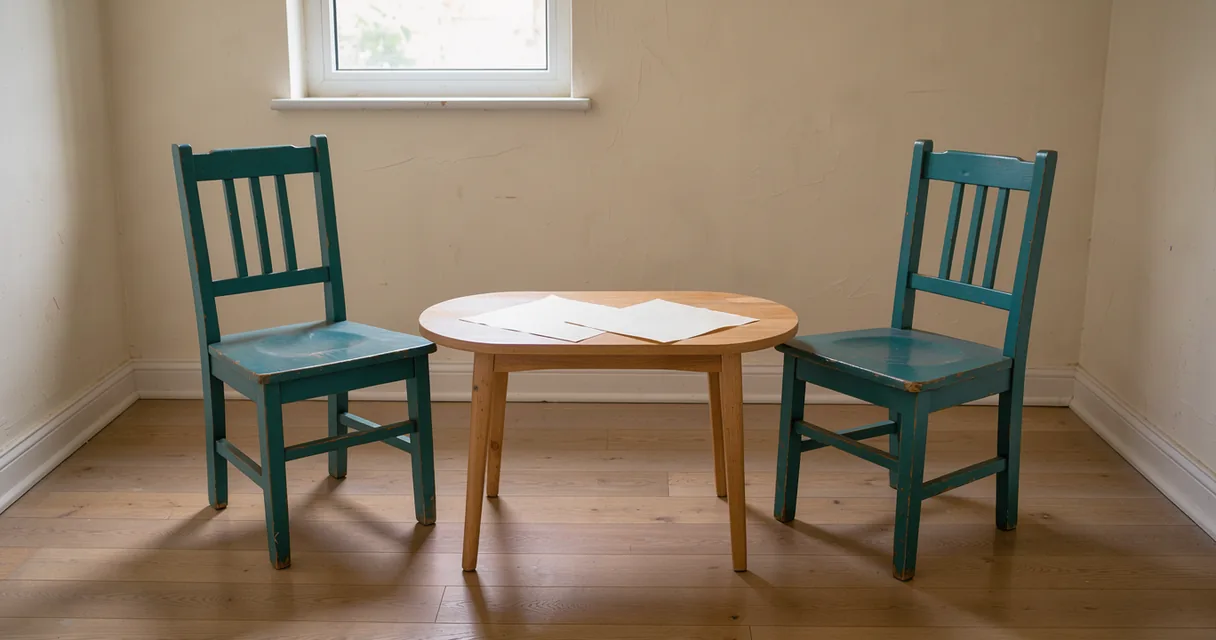 Two petrol-teal wooden chairs at a small table in a sunlit cream room