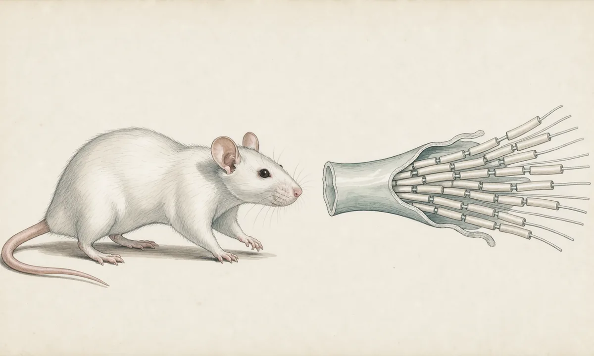 Watercolor illustration of a rat beside an enlarged unlabelled view of a peripheral nerve and its fibers