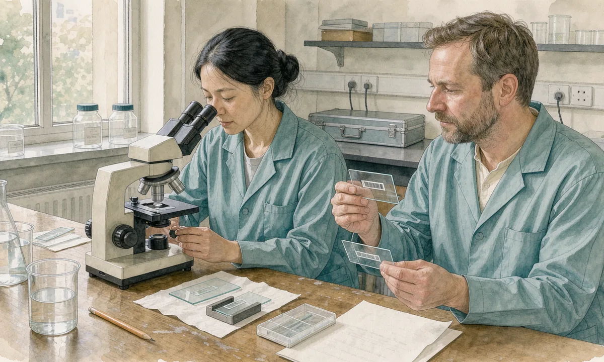 Two laboratory workers comparing glass slides beside a microscope in a bright room